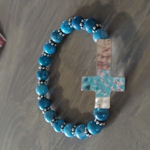 Cross Bracelet with Blue Stone Beads